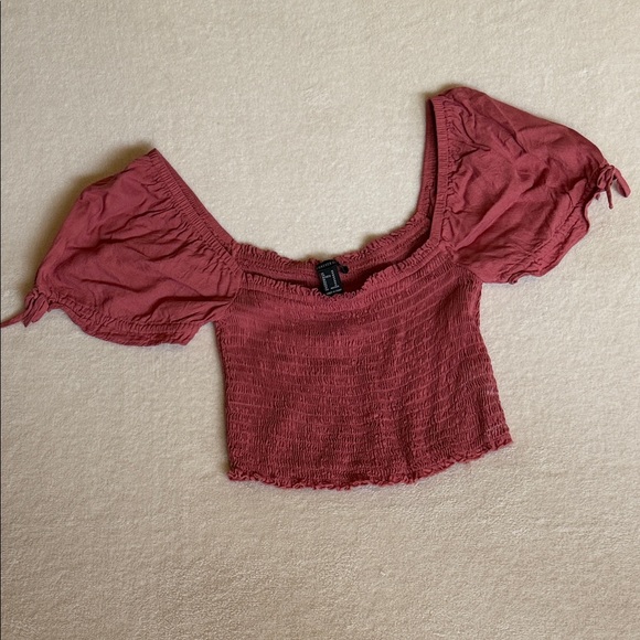 Forever 21 Tops - Forever 21 Rose Smocked Off-Shoulder Puff Sleeve Crop Top Med